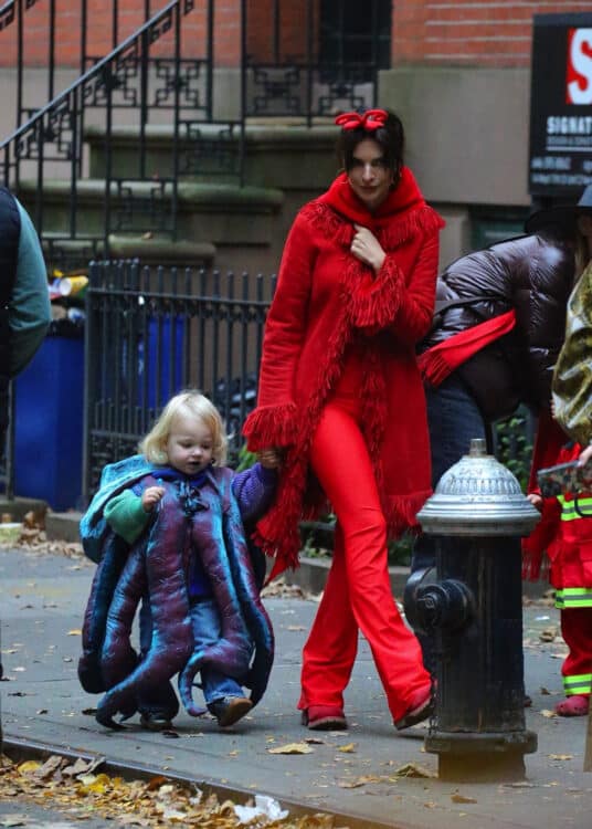 Emily Ratajkowski is dressed up in red with her son Sly for Halloween in New York