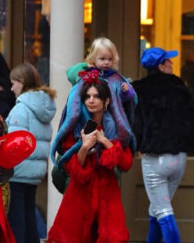 Emily Ratajkowski is dressed up in red with her son for Halloween in New York