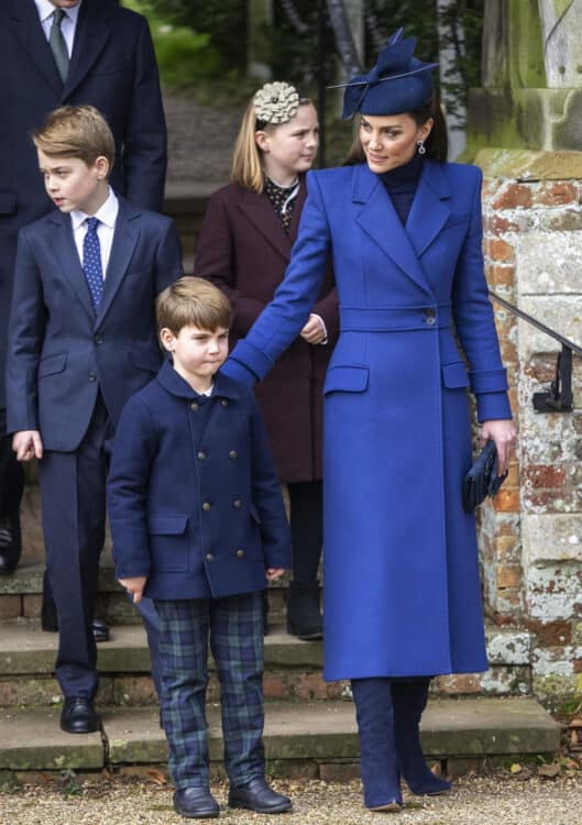 Kate Middleton, Prince Louis, Prince George and Mia Tindall outside church service Christmas 2023
