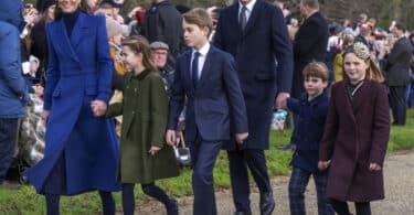 Prince George, William, Prince of Wales, Princess Charlotte, Mia Tindall and Kate, Princess of Wales walking to church christmas day 2023