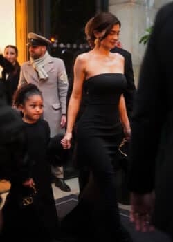 Kylie Jenner leaves with her daughter Stormi after a family dinner at Giuse restaurant in Paris France