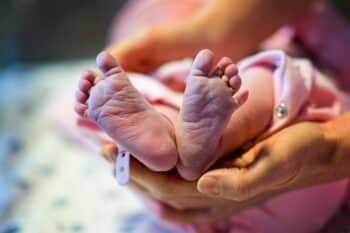 Newborn baby feet and hands of the mother