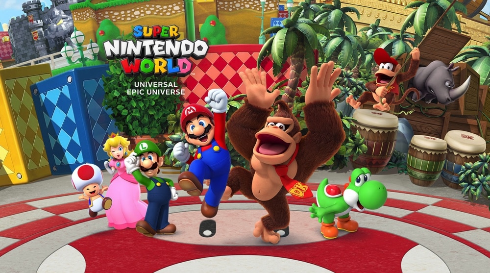 Super Mario characters princess peach, mario, yoshi, toad and donkey kong cheering