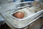 Newborn baby sleeps in a transparent plastic cradle