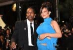 Pregnant Rihanna (L) and ASAp Rocky at Smurf's premiere