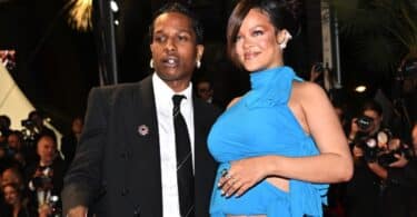 Pregnant Rihanna (L) and ASAp Rocky at Smurf's premiere