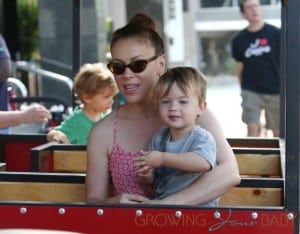 Alyssa Milano and Milo Thomas Bugliari at the farmers market in LA