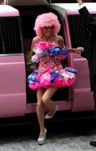 Bethenny Frankel steps out of a pink limousine dressed up as candy for Halloween