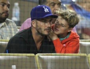 David Beckham watches the LA Dodgers play the Atlanta Braves with his boys