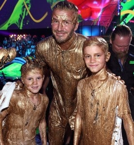 David Beckham with sons Cruz and Romeo get gooed at the Kids' Choice Sports Awards