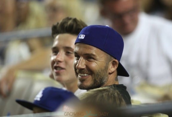 David and Brooklyn Beckham watch the Los Angeles Dodgers play the Atlanta Braves