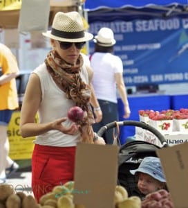 Elizabeth Banks takes her son Felix to a farmers market in Studio City on Father's Day