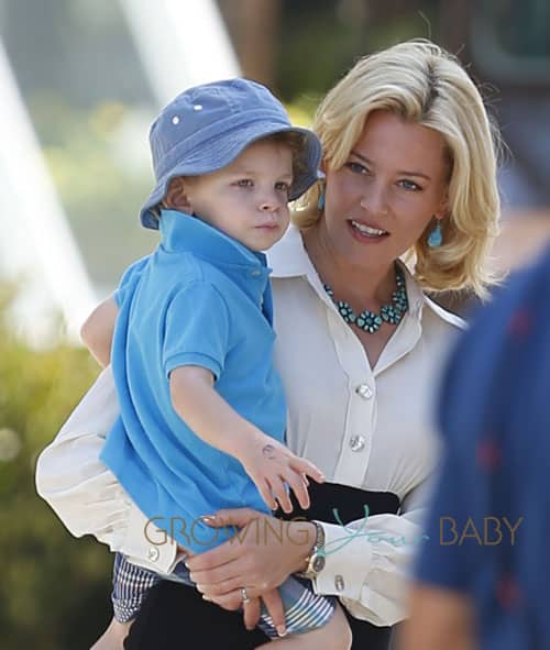 Elizabeth Banks takes her kids, Felix Handelman and her one-year-old Magnus Mitchell to the set of "Love & Mercy" in Beverly Hills, CA