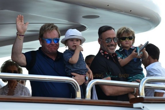 Elton John and David Furnish with their sons Elijah and Zachary Furnish-John on a yacht in St. Tropez