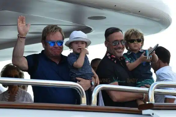 Elton John and David Furnish with their sons Elijah and Zachary Furnish-John on a yacht in St