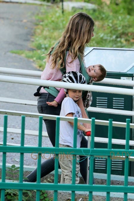 Brazilian supermodel Gisele Bundchen plays in the park with her daughter Vivian Lake Brady, son Benjamin Brady and stepson John Moynahan in Boston, Massachusetts