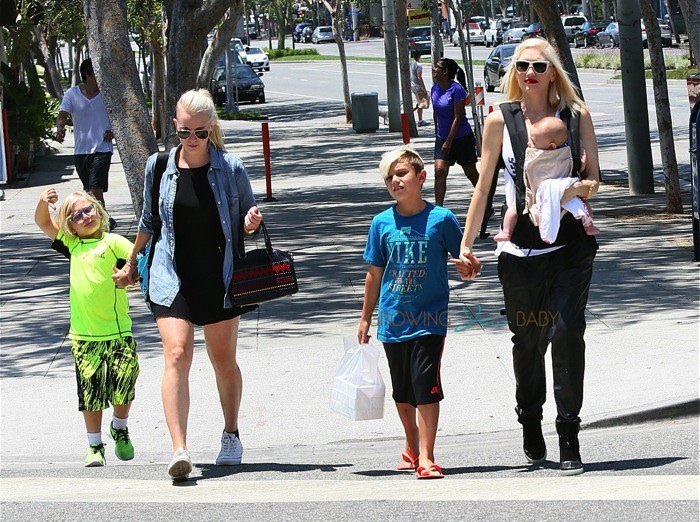Gwen Stefani out in Santa Monica with her boys Apollo, Zuma and Kingston