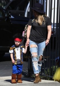 Hilary Duff with son Luca Comrie, who dressed up as a pirate for Church Halloween event