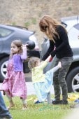 Isla Fisher attends a birthday party with daughters, Olive Cohen and Elula Lottie Miriam Cohen, at The Coldwater Park in Beverly Hills