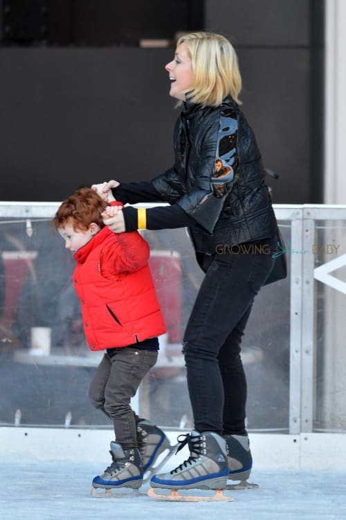 Jane Krakowski seen ice skating with her son Bennett in Meatpacking District, New York City