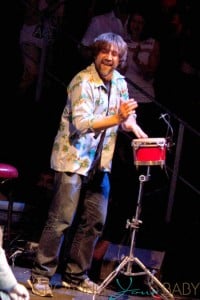 Javier Bardem playing the bongos during show the Asier Etxeandia Concert at Price Circus Theatre in Madrid