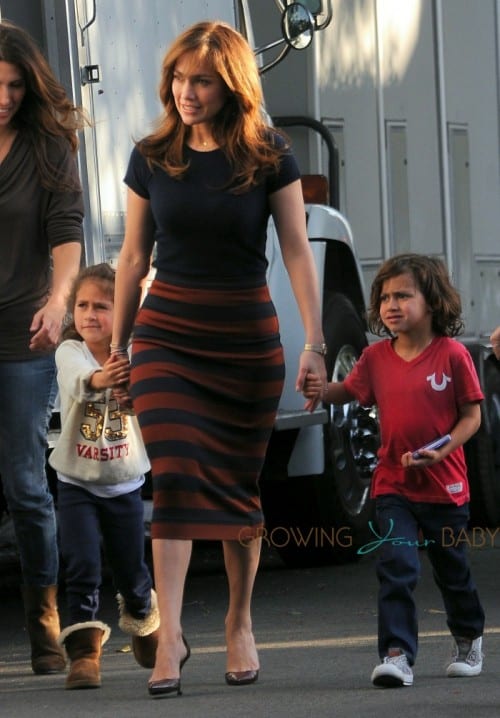 Jennifer Lopez with twins Max and Emme Anthony on the set of 'The Boy Next Door' in Los Angeles