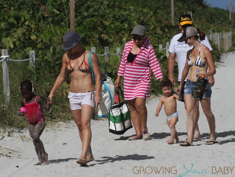 Jillian Michaels and Heidi Rhoades with kids Lukensia & Phoenix at the beach in Miami