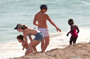 Jillian Michaels and Heidi Rhoades with kids Lukensia and Phoenix at the beach in Miami
