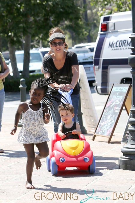 **EXCLUSIVE**Jillian Michaels chases her daughter Lukensia with son Phoenix in a toy car in Malibu. Also in tow was Jillian's partner Heidi Rhoades and mom JoAnn