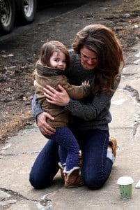 Keri Russell cuddles her daughter Willa Dreary on the set of the Americans