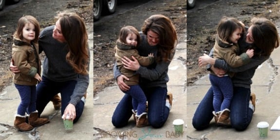 Keri Russell cuddles her daughter Willa on the set of the Americans
