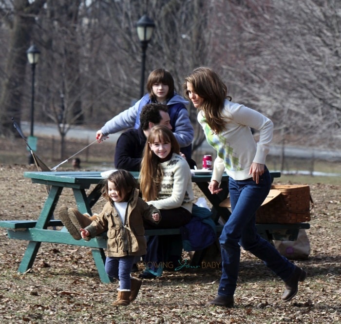 Keri Russell plays with her daughter Willa Dreary on the set of the Americans