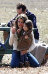 Keri Russell visits with her daughter Willa Dreary on the set of the Americans