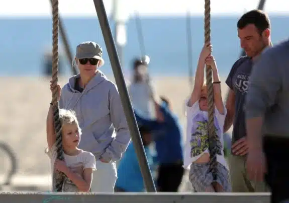 Liev Schreiber and Naomi Watts with sons Samuel and Sasha Schreiber at the beach in LA