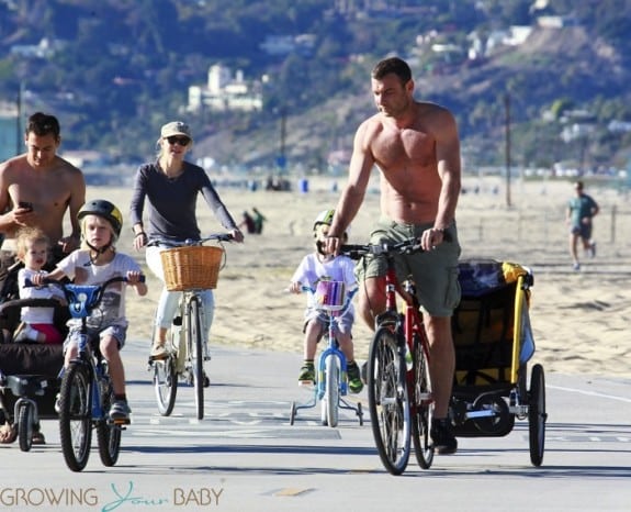 Liev Schreiber and Naomi Watts with sons Samuel and Sasha Schreiber at the beach in LA