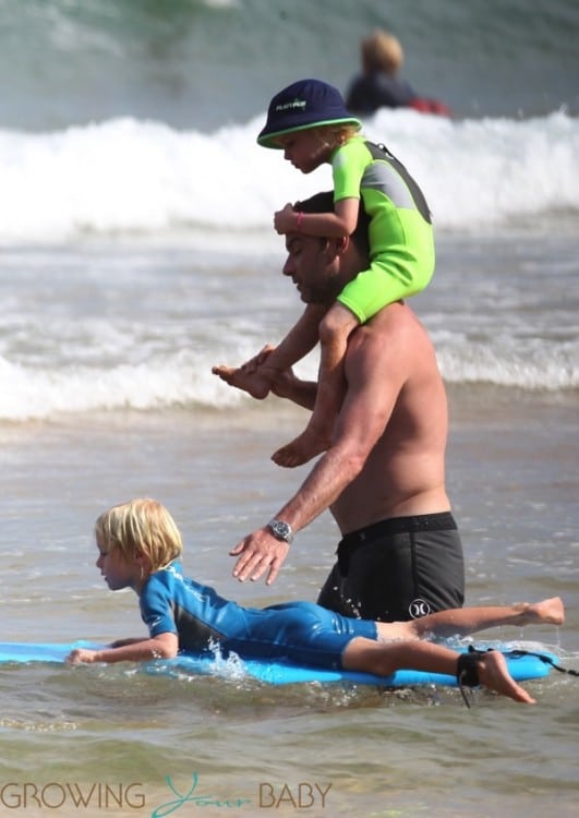 Liev Schreiber at the beach in Sydney with sons Sacha and Samuel