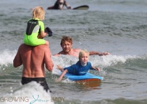 Liev Schreiber at the beach in Sydney with sons Sacha and Samuel and Simon Baker