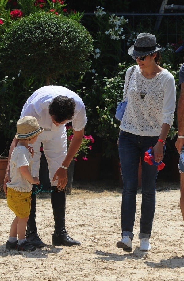 Marion Cotillard with Guillaume Canet and son Marcel at Cannes during the International show jumping