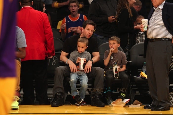 Mark Wahlberg sits courtside at the Lakers Game with sons Brendan and Michael