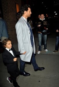 Matthew McConaughey  departs his hotel with son Levi