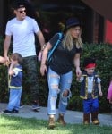 Mike Comrie & Hilary Duff with son Luca Comrie, who dressed up as a pirate for Church Halloween event