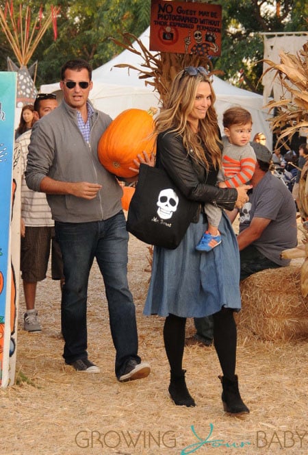 Molly Sims with husband Scott and son Brooks Stuber at Mr. Bones Pumpkin Patch