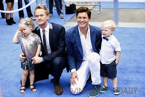Neil Patrick Harris and David Burtka with twins Harper and Gideon at Smurfs 2 premiere