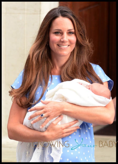 Prince William, The Duke and Catherine, Duchess of Cambridge show their new baby boy to the press outside the Lindo Wing of St Maryís Hospital in London