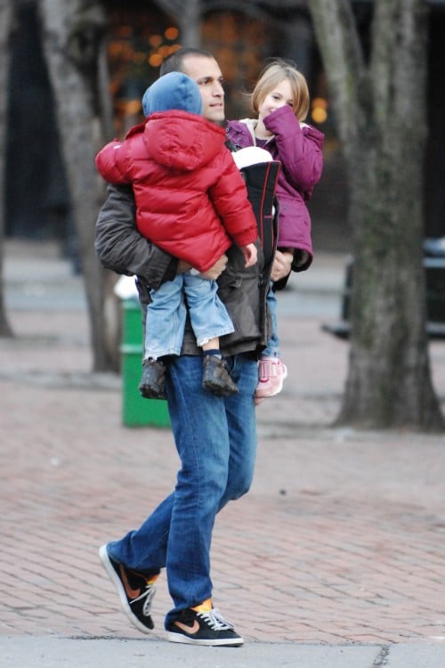 Nigel Barker of "America's Next Top Model" juggles three children including his 3-week-old daughter who was strapped to his chest