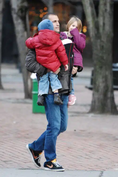 Nigel Barker of "America's Next Top Model" juggles three children including his 3-week-old daughter who was strapped to his chest