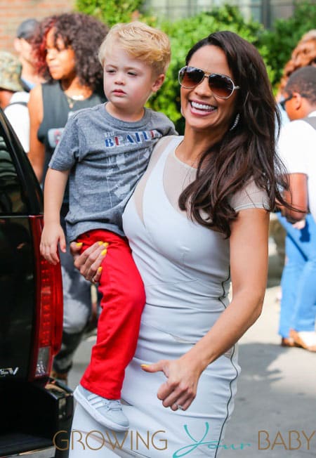 Paula Patton exits the Jimmy Kimmel show with her son Julian