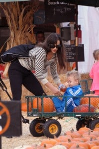 Robin Thicke and wife Paula Patton explore Mr Bones Pumpkin Patch with their son Julian in Beverly Hills