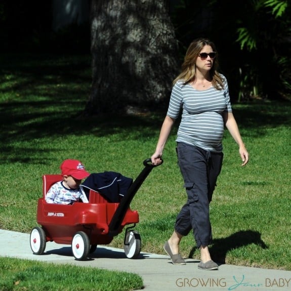 Pregnant Jenna Fischer strolls with her son Weston in LA