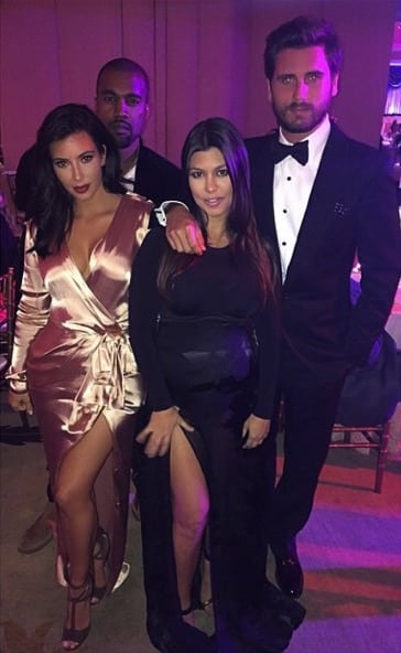 Pregnant Kourtney Kardashian with sister Kim, Kanye West and Scott Disick at Scott Sartiano's wedding